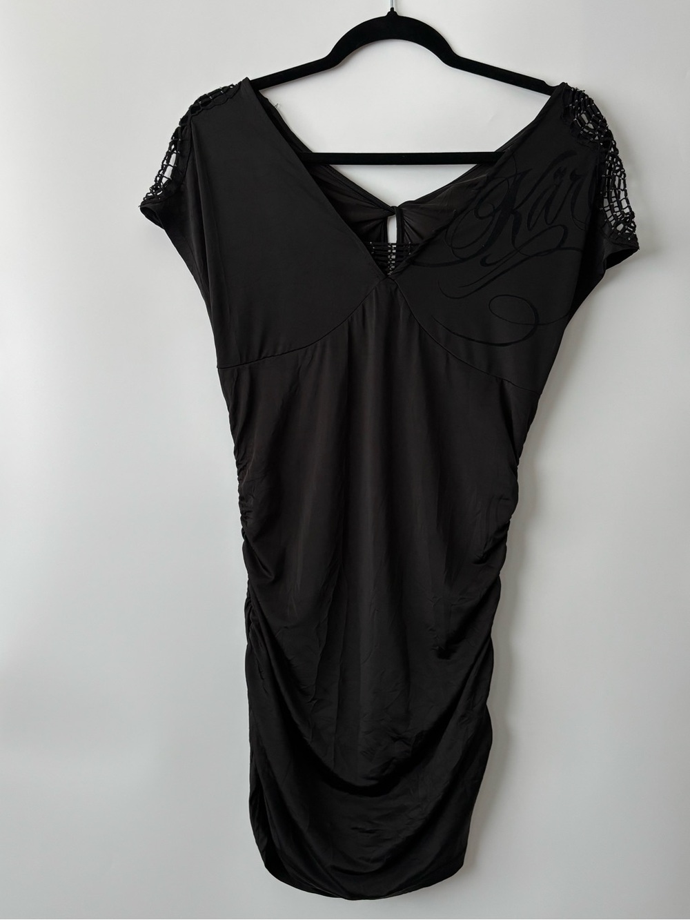 KARV Y2K Clubwear Black Ruched Bodycon Dress/Top Rhinestone Mesh Shoulder Size S